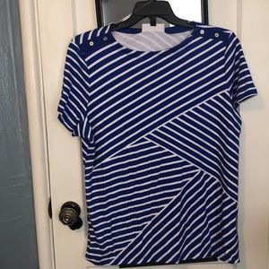 Blue and white striped tee with fashionable buttons at the shoulder area.